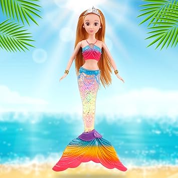 Leoie Lovely Colorful Light Music Princess Mermaid Plastic Doll for Girl Toddler Gift 36cm Colorful Glare Music Mermaid E