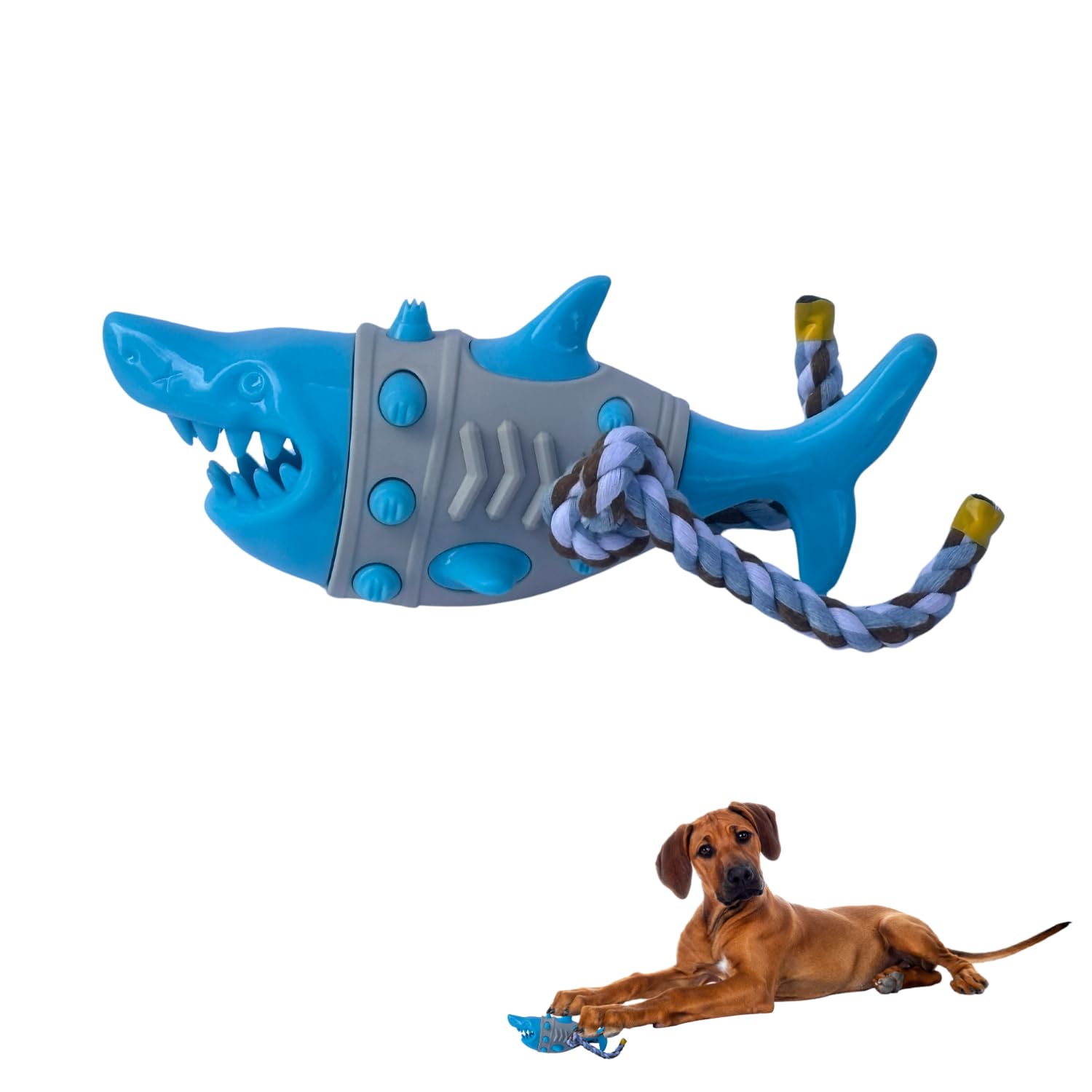 Rangebow Pets Shark Dog Chew Toy with Rope for Aggressive Chewers, Tough Rubber Toy for Boredom & Teeth Grinding, Dental Cleaning, Treat Dispensing, Tugging, Interactive Toy for Medium Large Dogs