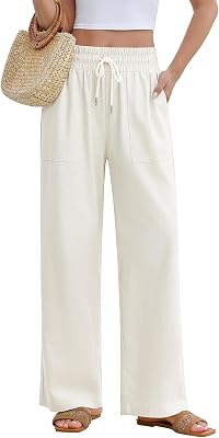 Pantaloni Lino Donna Estivi Pantaloni Larghi Leggeri Comodi Vita Alta Pantaloni Solido Sciolto Gamba Larga con Tasche (Bianco, S)