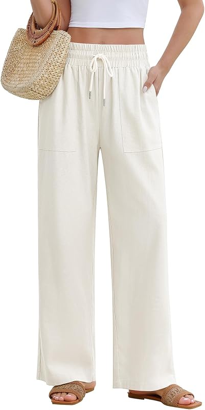 Pantaloni Lino Donna Estivi Pantaloni Larghi Leggeri Comodi Vita Alta Pantaloni Solido Sciolto Gamba Larga con Tasche (Bianco, S)