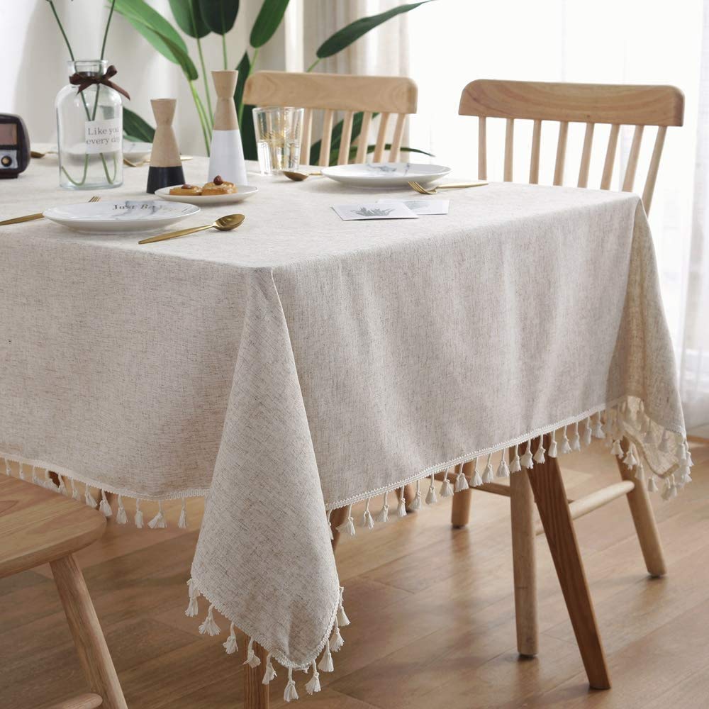 Dremisland Cotton Linen TableCloth Solid Color Tassel Rectangle Beige Tablecloth Dust-Proof Shrink-Proof Table Cover for Kitchen Dinning Tabletop Decoration (Beige, 140x180 cm)