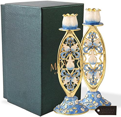 Hand-Painted Blue Flower and Star of David Shabbat Candlestick (2-Piece Set)