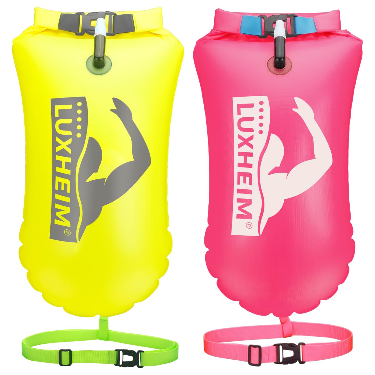 LUXHEIM 2 Pack Swim Buoy Tow Floats for Open Water Swimming Highly Visible Swim Float Dry Bag Waterproof Inflatable PVC Tow Float for Triathlons