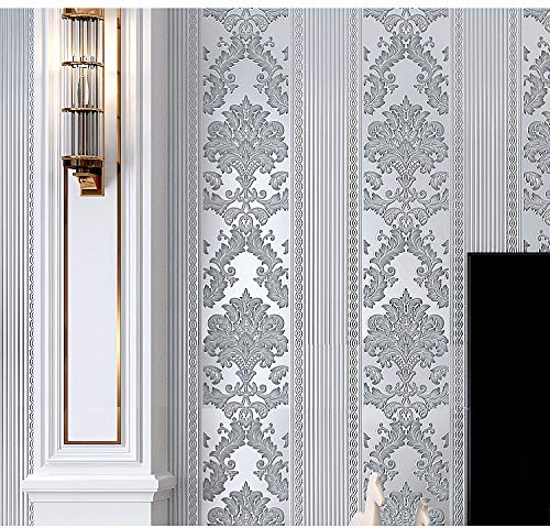 Prior.choice 9.5X0.53M Vintage Luxury Stripes Gold Damask 6 Colors Embossed Textured Non-Woven Wallpaper Roll for Bedroom Livingroom 1.73' W x 31.2' L=5.035㎡ (54sq.ft) (Gray)
