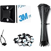 Strong Back-Glue Self Adhesive Cable Zip Tie Mounts Kit - 100 Set Cable Management Clips with 6" Zip Ties, Wire Holders - Outdoor Sticky Wire Organizer Clips-Black
