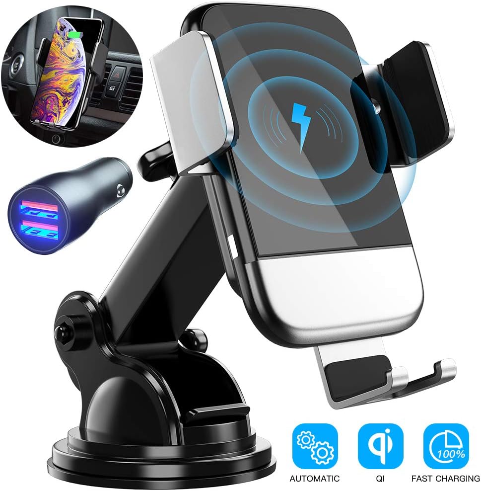 Wireless Car Charger, CTYBB Qi Auto-Clamping Air Vent Dashboard Car Phone Holder & QC3.0 Car Charger, 10W Compatible for Galaxy S10/S10+/S9,Charging for iPhone 11/11 Pro/11 Pro Max/XSMax/XS/XR/X/8P/8