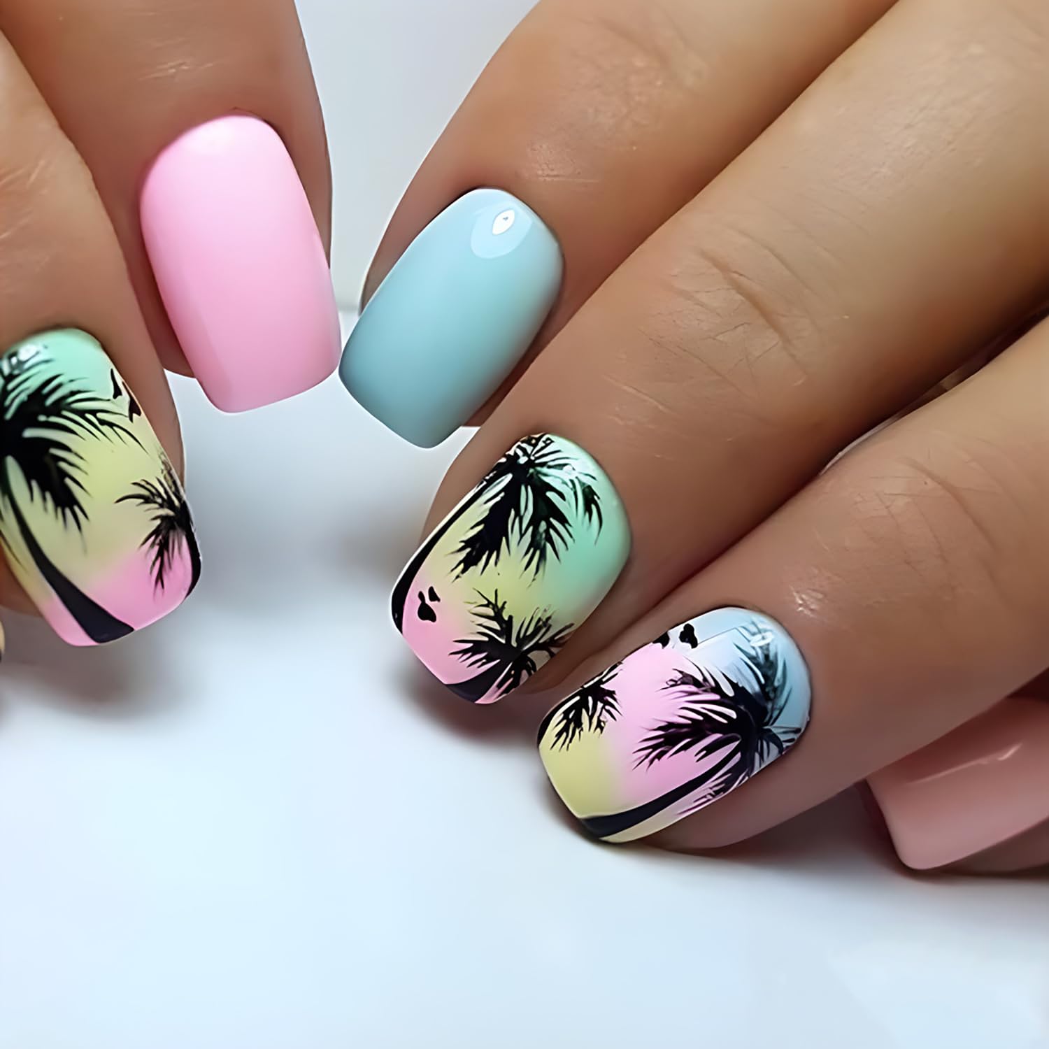 24 Pcs Short Square Press on Nails Colorful RIICFDD Fake Nails Summer Beach Style False Nails with Coconut Palm Designs Artificial Glossy Acrylic Nail Full Cover Glue on Nails for Women Girls