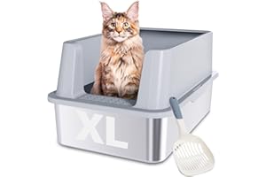 FUTAM Stainless Steel Cat Litter Box, XL Metal Litter Box with Lid, High Sided Extra Large Litterbox for Big Cats, Anti-Urine Leakage, Never Absorbs Odors, Easy Cleaning, Non-Stick, Include Scoop