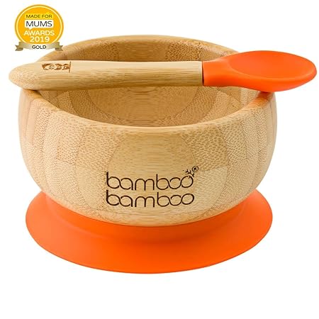 Baby Saugnapf-Schüssel mit passendem Löffelset, Standfeste Saug-Fütter-Schüssel, aus naturbelassenem Bambus