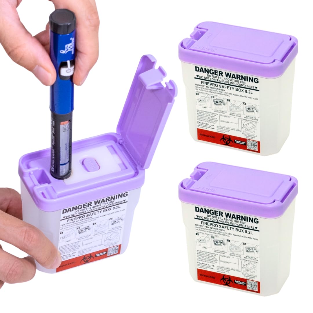 FINEPRO 0.2L Size Portable Pen-Needle Disposal Container [Pack of 3] Diabetes Care (0.2L, Purple+Clear, 3)