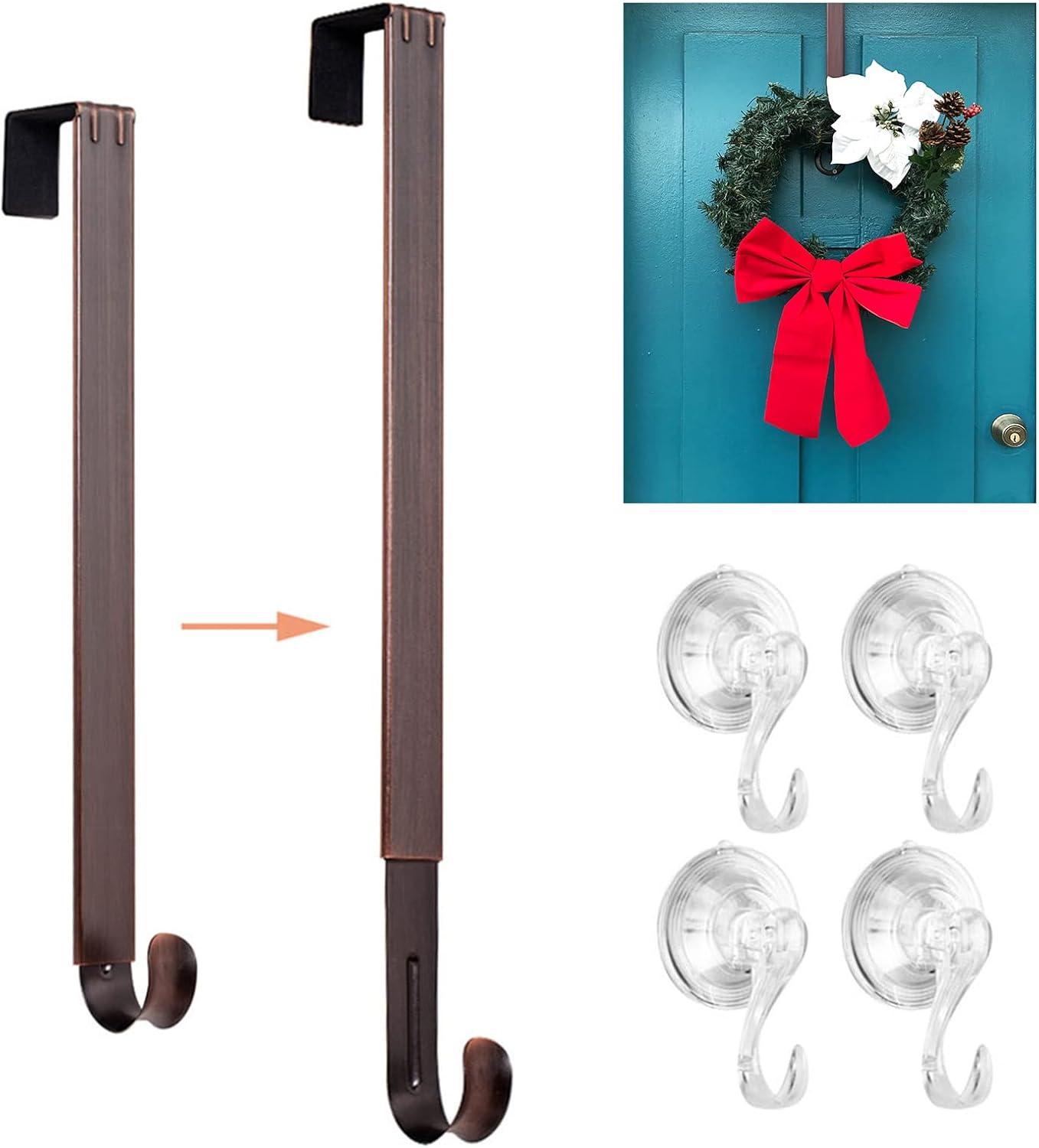 Wreath Hangers - VIS'V Wreath Hanger, 15-24 Inch Adjustable Metal Wreath Hanger Front Door 20 LB Heavy Duty Over Door Wreath Hook with 4 Clear Suction Wreath Holders for Halloween Christmas Wreath Decoration - Bronze