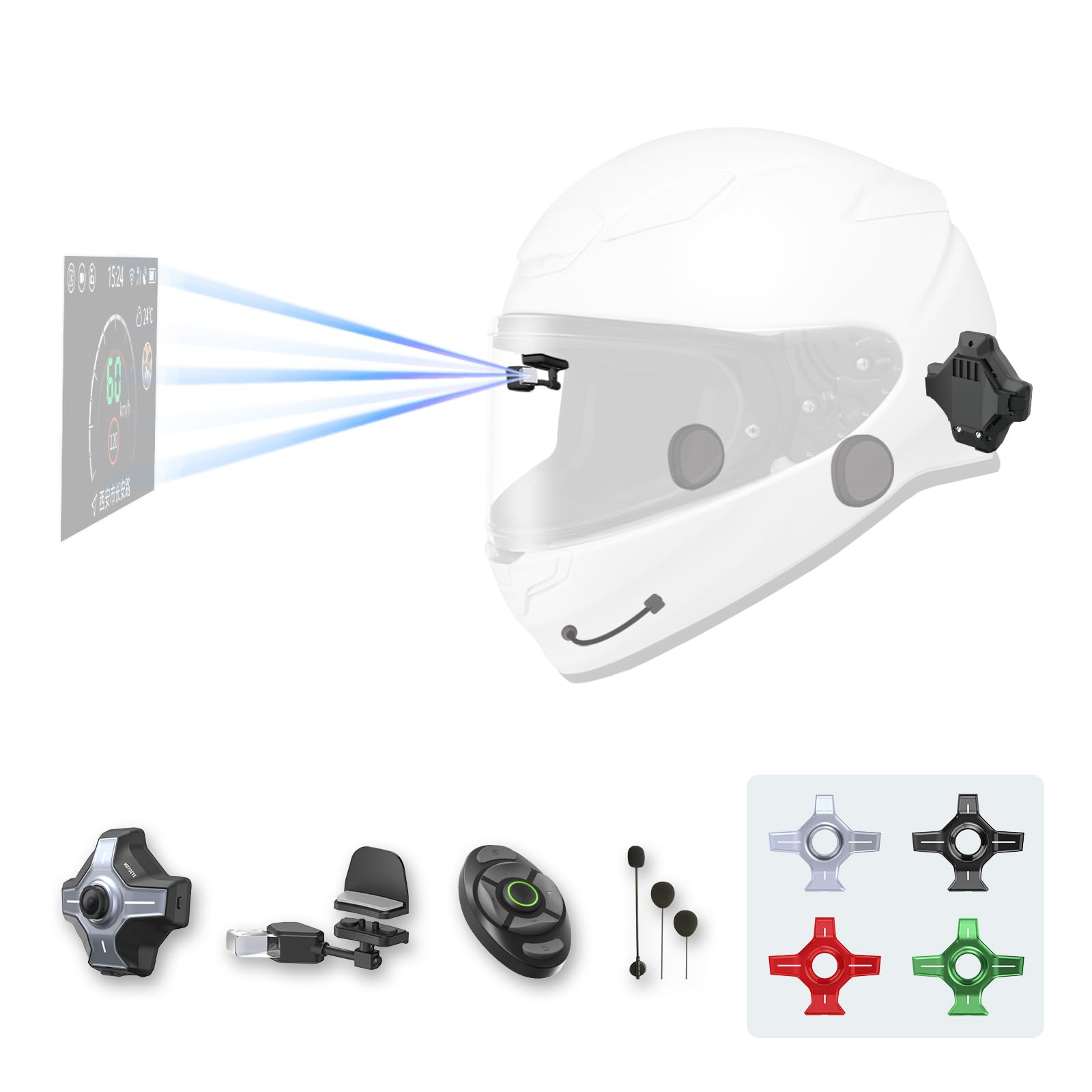 MOTOEYE E6+ Casco de motocicleta HUD, Head Up Display, Bluetooth, GPS, CarPlay, Android Auto, Intercomunicador de malla, Cámara retrovisora, Control remoto, Reducción de ruido, Luces RGB, IP66 para todos los cascos (E6+)