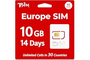 TSIM SIM Card for Europe Travel, 14 Day Validity, 10GB Data + Unlimited Calls in 30 Countries, 5G Access, Vodafone Network