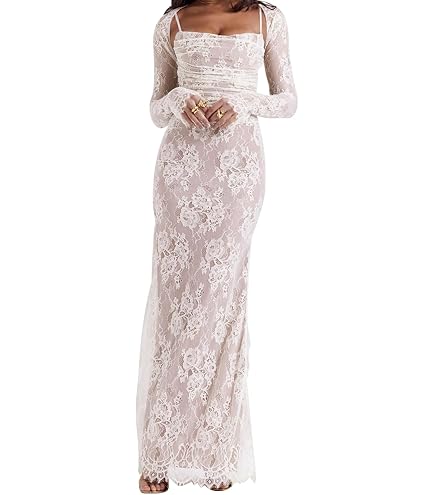 cream maxi dress amazon Women Vintage Lace Romantic Long Sleevees Lace Bodycon Dress Meet the Delilah Maxi RS-week4421 Size:5XL (Bust 103 cm) Chic Retro Style 1920s