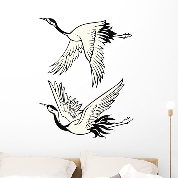 Wallmonkeys Illustrated Japanese Cranes Wall Decal Peel and