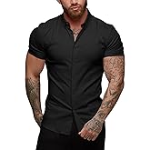 URRU Men's Muscle Dress Shirts Slim Fit Stretch Short Sleeve Casual Button Down Shirts for Men