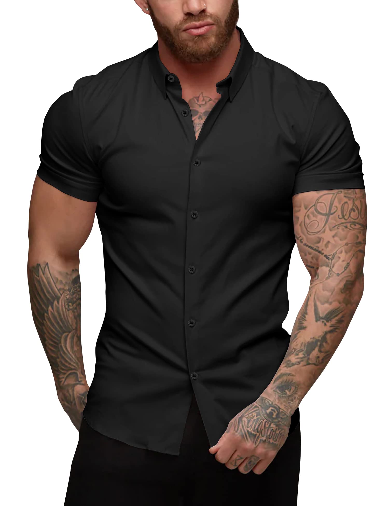 Photo 1 of URRU Men's Muscle Dress Shirts Slim Fit Stretch Short Sleeve Casual Button Down Shirts for Men LARGE