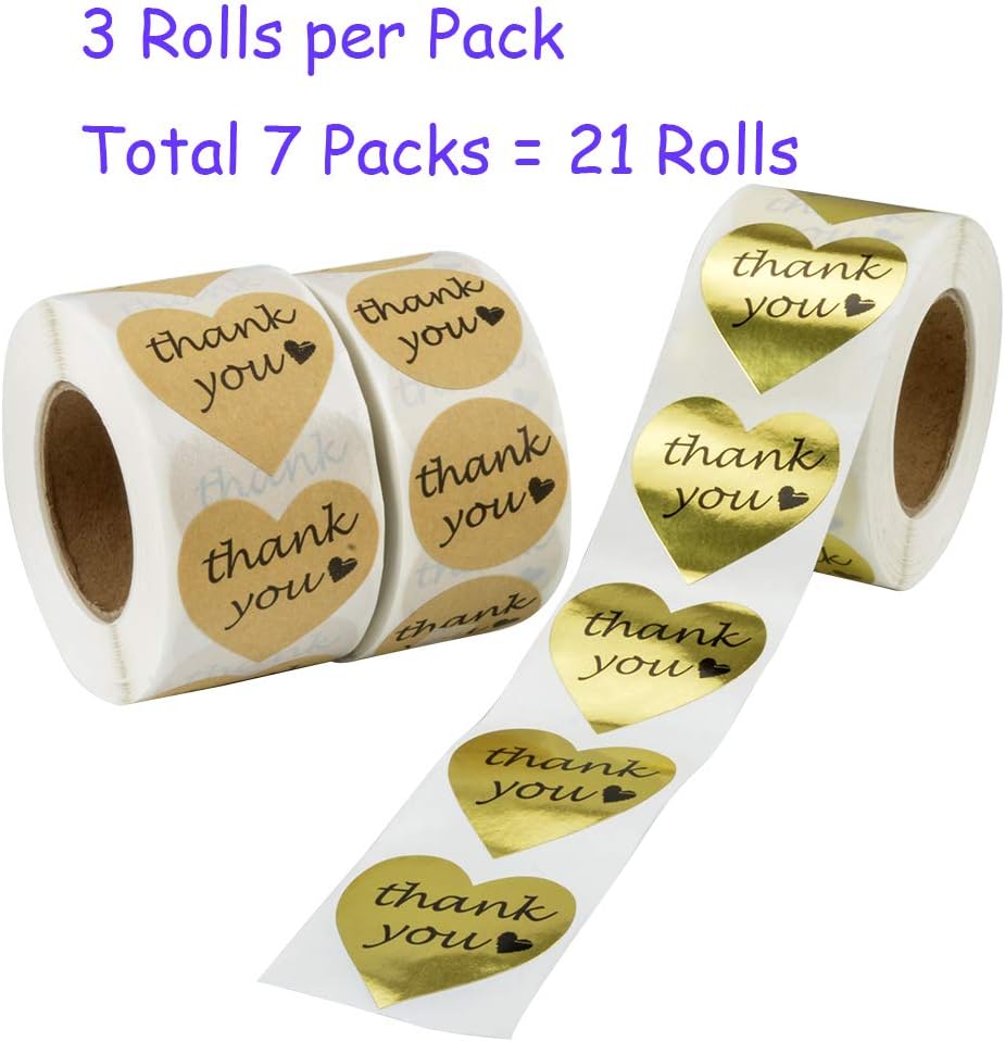Thank You Stickers, Kraft Paper Heart Shape & Round Thank You Adhesive Labels + Gold Heart Shape Foil Sticker Labels, 500 Stickers per Roll, Total 21 Rolls