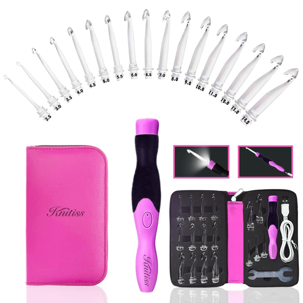 Knitiss 17 Sizes Lighted Crochet Hooks Set 2.5 mm to 14.0 mm, Rechargeable Light Up Crochet Hooks with Case