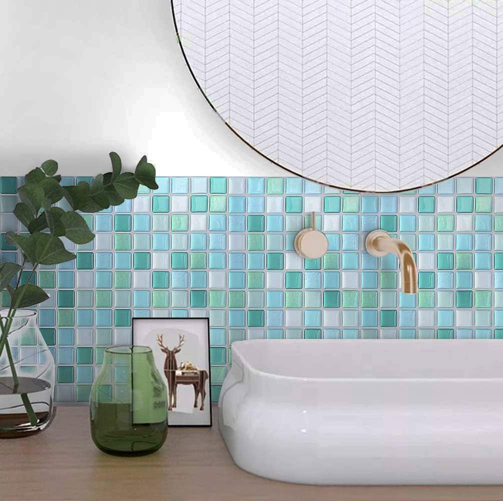 HyFanStr Peel and Stick Wall Tile Stickers, 3D Mosaic Kitchen Backsplash, Light Blue, 4 Pack, 9.29"x9.29"/23.6x23.6cm - Image 4