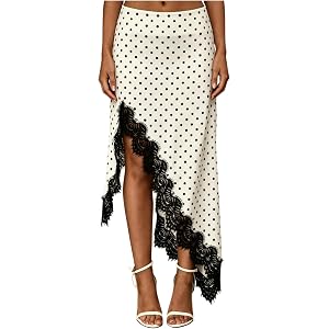 GORGLITTER Women's Lace Midi Maxi Skirts Polka Dots Flowy A Line Skirts | Y2k Boho High Waisted, Asymmetrical Side Slit Skirt