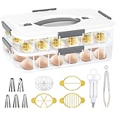 YESSWLQ 2-Layer Deviled Egg Containers with Lid for 36 Eggs | Storage Egg Tray with Handle for Refrigerator fridge, Easter, with Slicer Kitchen Tongs Piping Decorating Kit