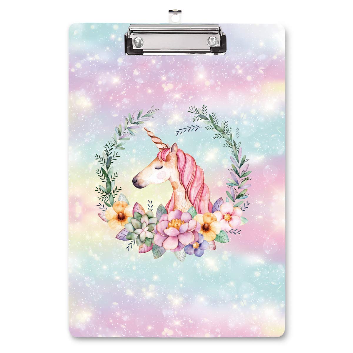 WAVEYU Cute Clipboard Hardboard for Kids Teens, Decorative Pink Clipboard with Low Profile Clip Chic Designed for Students Classroom School and Office Use, Rainbow Unicorn (12.5"x9")