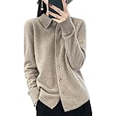 RUCPUW 100% Merino Wool Sweaters Women's Fall Winter Warm Soft Knitted Shirt Lapel Polo Collar Cardigan Long Sleeves