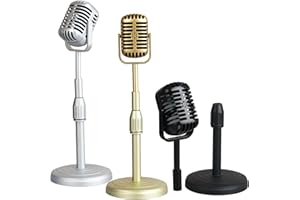 DROUTTI 3 Pcs Vintage Desktop Microphone Prop Model Kids Party Pretend Toy Classic Retro Style Microphone Prop Decor with Adjustable Stand, Black, Gold, Silver