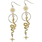 Sacina Gothic Sun Star Snake Earrings, Gold-tone Plated Brass Snake Sun Star Pendant, Celestial Earrings, Goth Halloween Christmas New Year Jewelry Gift for Women