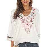 AK Women's Boho Embroidered Tops 3/4 Sleeve Mexican Peasant Shirts Bohemian Loose Tunic Blouses