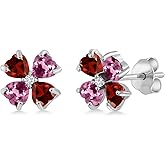 Gem Stone King 925 Sterling Silver Red Garnet Pink Tourmaline and White Lab Grown Diamond Earrings For Women | 2.27 Cttw | Gemstone January Birthstone | Heart Shape 4MM