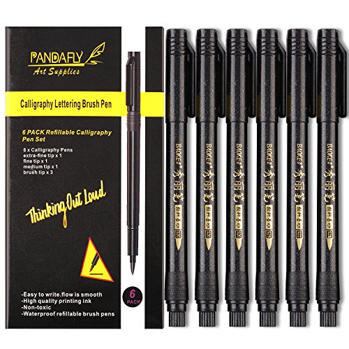 Lettering Pens for Beginners Writing, Signature, Greetings Card, Calligraphy Practicing, Illustration, Hand Lettering, Art Drawing, Refill Brush Calligraphy Markers Set, 4 Size(6 Pack)