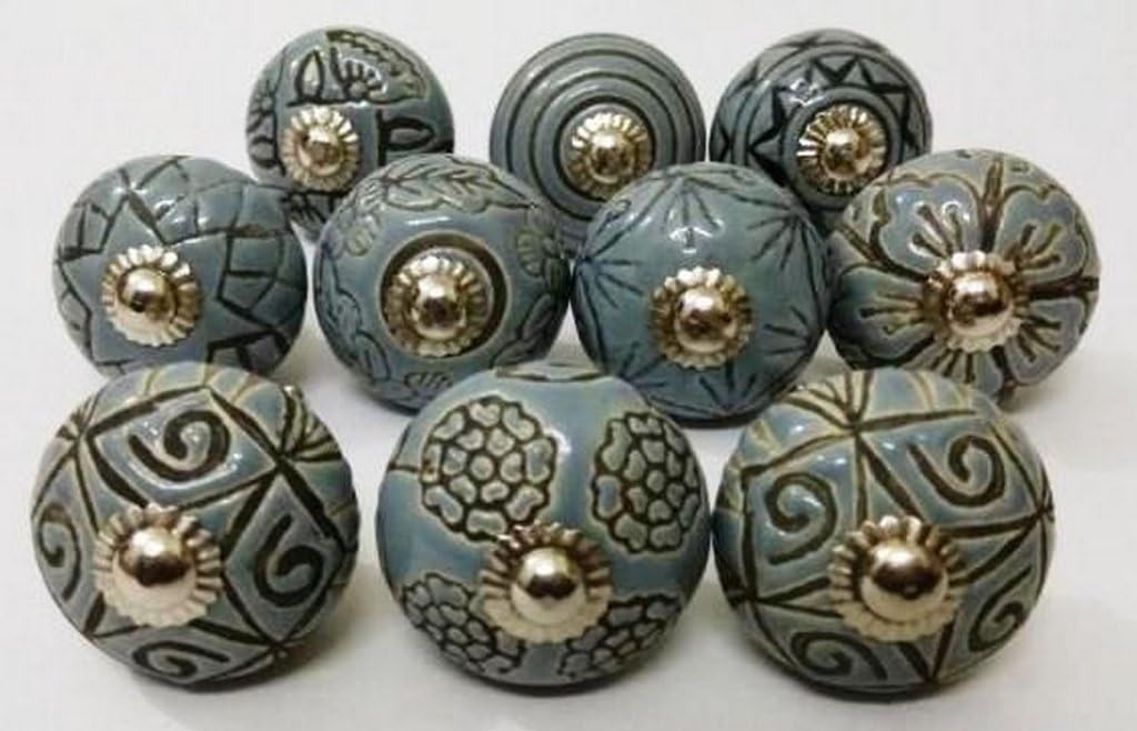 Indian Knobs 10 Grey Vintage Look Hand Carved Ceramic Door Knobs Kitchen Cabinet Knobs