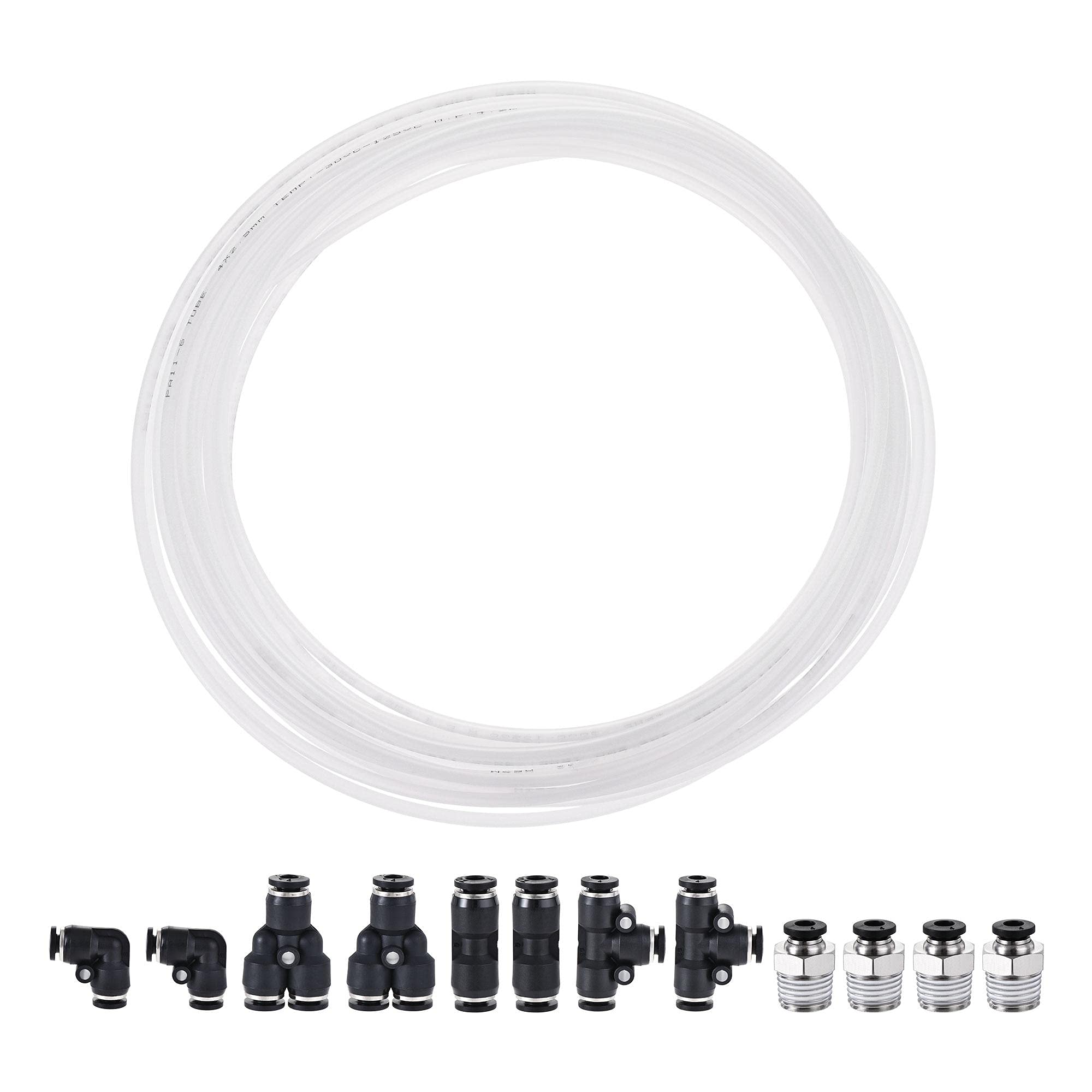 sourcing map Pneumatic 4mm OD Nylon Air Hose Tubing Kit 10 Meters White with 12 Pcs Black Push to Connect Fittings