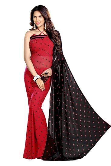 Womens Faux Georgette Dots Prints Half & Half Fancy Saree With Un-Stitched Blouse Piece (7469-Red, Black-6.3 meters)