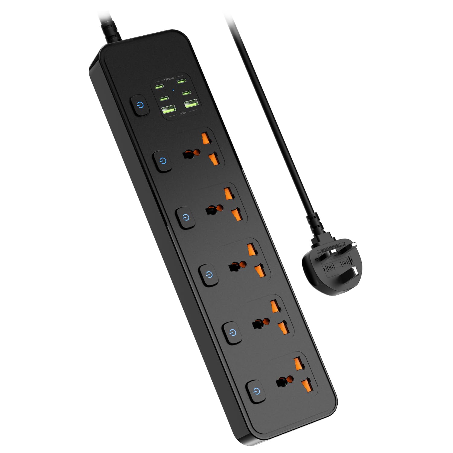 Photo 1 of Universal Power Strip with USB Ports, Individual Swtich, 6ft Power Cord, 5 Universal AC Outlets, 4USB C and 2USB (5V/4.2A), Max 3000w, 110-240V, Child Safe Door, Multi Plug Power Strip for Travel