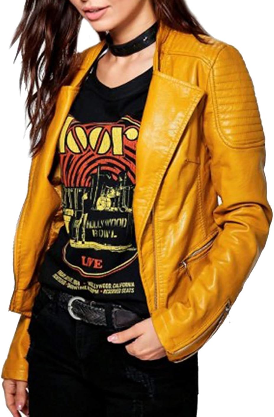 IIIFashions Womens Yellow Motorcycle Slim Fit Quilted Biker Leather