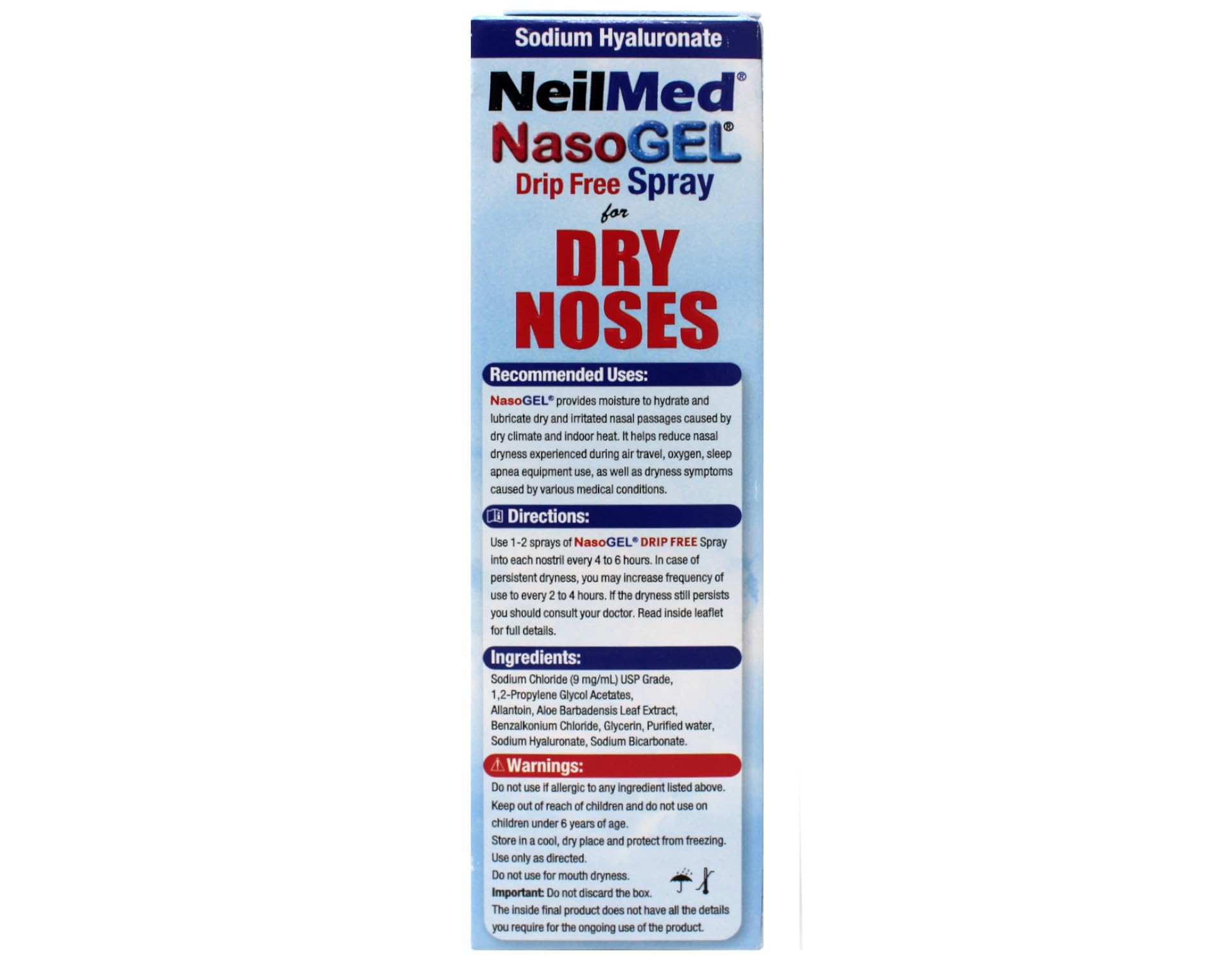 NeilMed NasoGEL Drip-Free Nasal Spray for Dry Noses, Soothing Moisturizing Gel with Aloe Vera & Sodium Hyaluronate, 1 fl oz