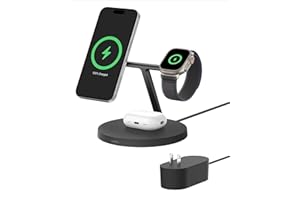 Belkin MagSafe-Compatible Charger, 3-in-1 Wireless Charging Station, Qi2-Certified 15W Wireless Charge for Apple iPhone 17 Series, Apple Watch, AirPods w/Non-Slip Base, 40W Included - Black