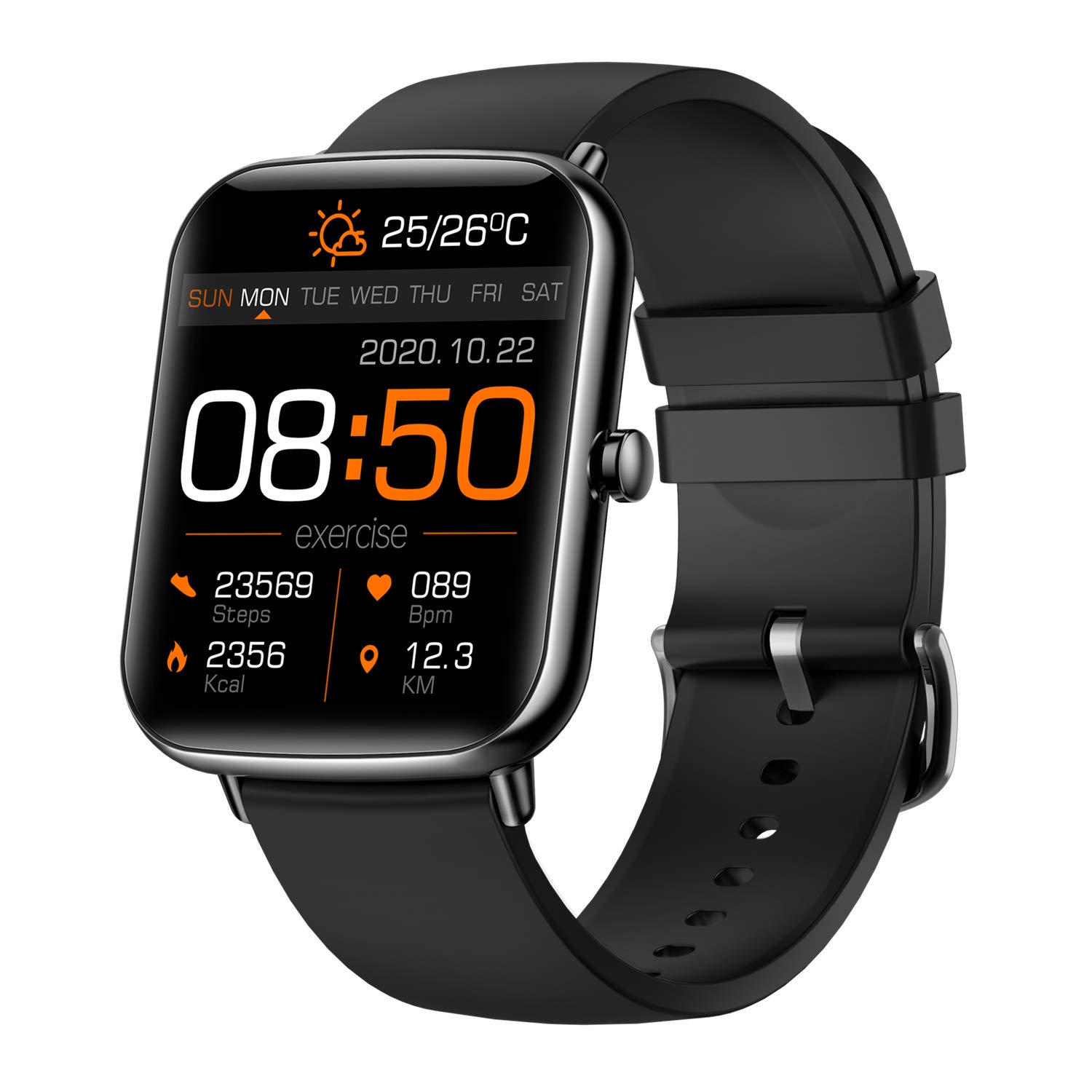 JCDBT Smartwatch - Health Tracker: Heart Rate, Calorie and Step Counter, IP68 Waterproof, 1.69'' Full Touch Screen - Black