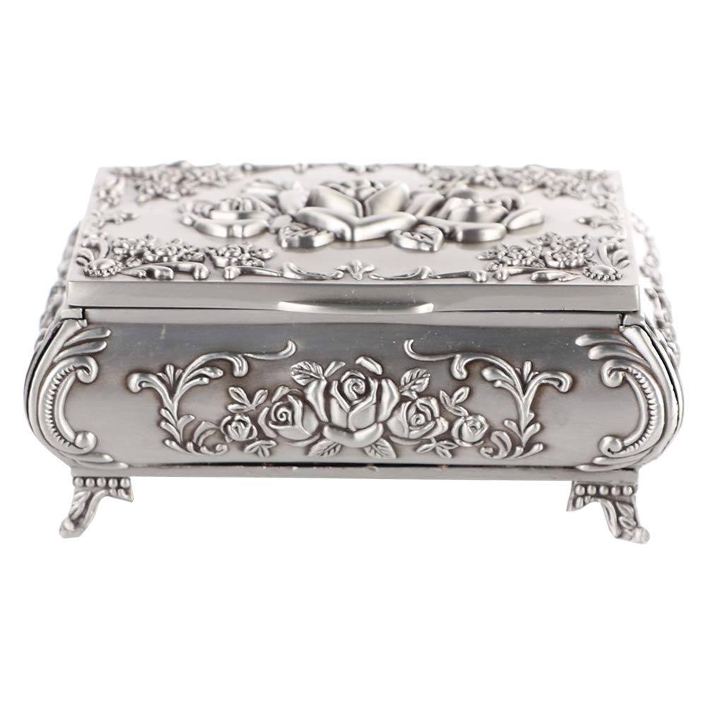 Pongnas Vintage Luxury Rose Carving Rectangular Shape Metal Female Ornament Jewelry Box Antique Silver(9 * 6.5 * 4)