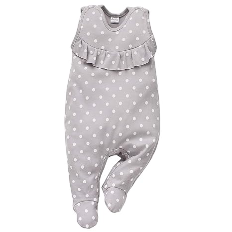 Pinokio - Einhorn Kollektion - Baby Mädchen Strampler 100% Baumwolle, grau mit Punkten in weiß, Allover Bedruckt. Strampelanz