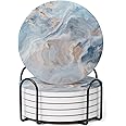 Hoomey Set of 6 Abstract Blue Marble Coasters with Holder, Absorbent Ceramic Coasters for Drinks, Coasters with Cork Backing for Table Protection, Housewarming Gifts for New Home