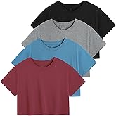 Cosy Pyro 4-Pack Women's Cotton Crop T-Shirts Short Sleeve Solid Cropped Athletic Top Round Neck Casual Workout Yoga Tees