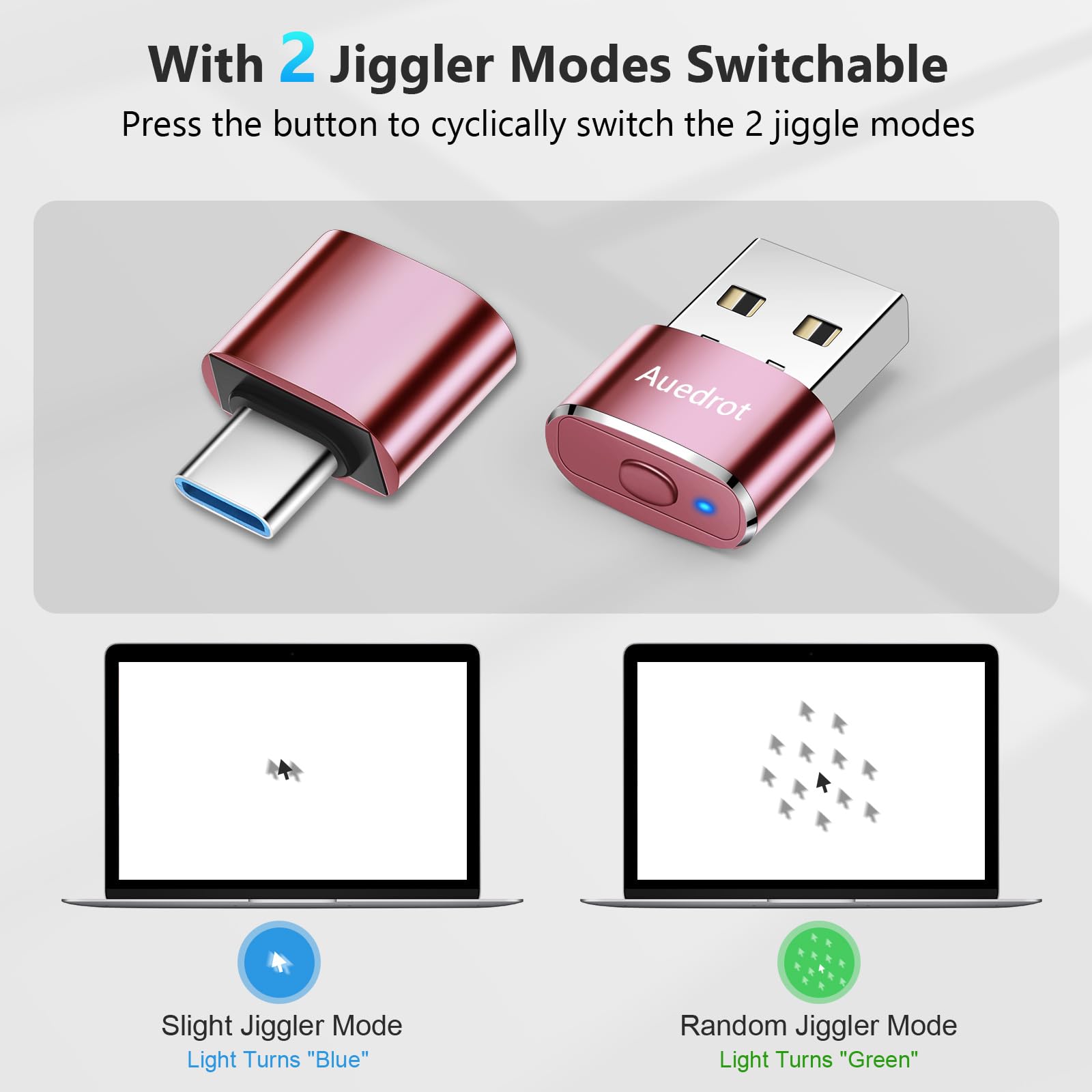 AUEDROT Metal Mouse Jiggler with Switch Button, 2 Jiggle Modes, USB-C Adapter, Rose Gold