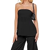 OLAPTA Women Strapless Bandeau Tube Top Ruffle Hem Off Shoulder Sleeveless Pleated Peplum Blouse Flowy Casual Going Out Tanks