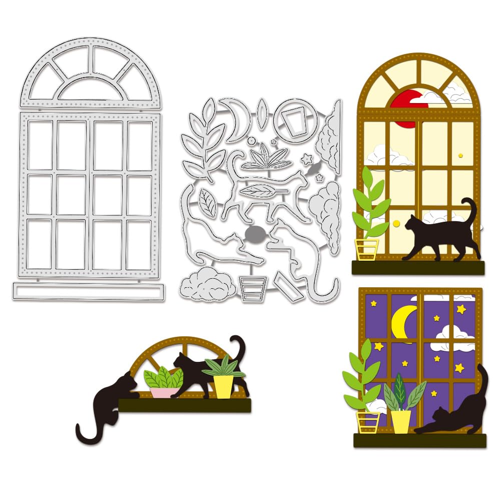 BENECREAT 2pcs Cat Window Cutting Dies, Window Frame Metal Stencils Plant Decorative Embossing Stencils for Scrapbooking, Photo Album, Greeting Card Making, 0.8mm Thick