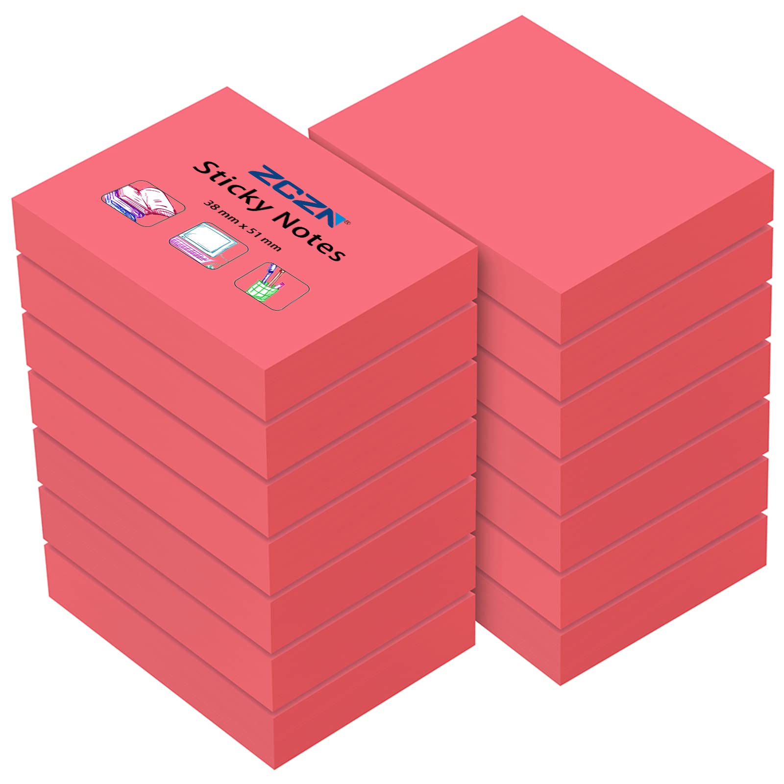 ZCZN Small Sticky Notes 38 x 51mm, 100 Sheets/Pad, 14 Pads, Red