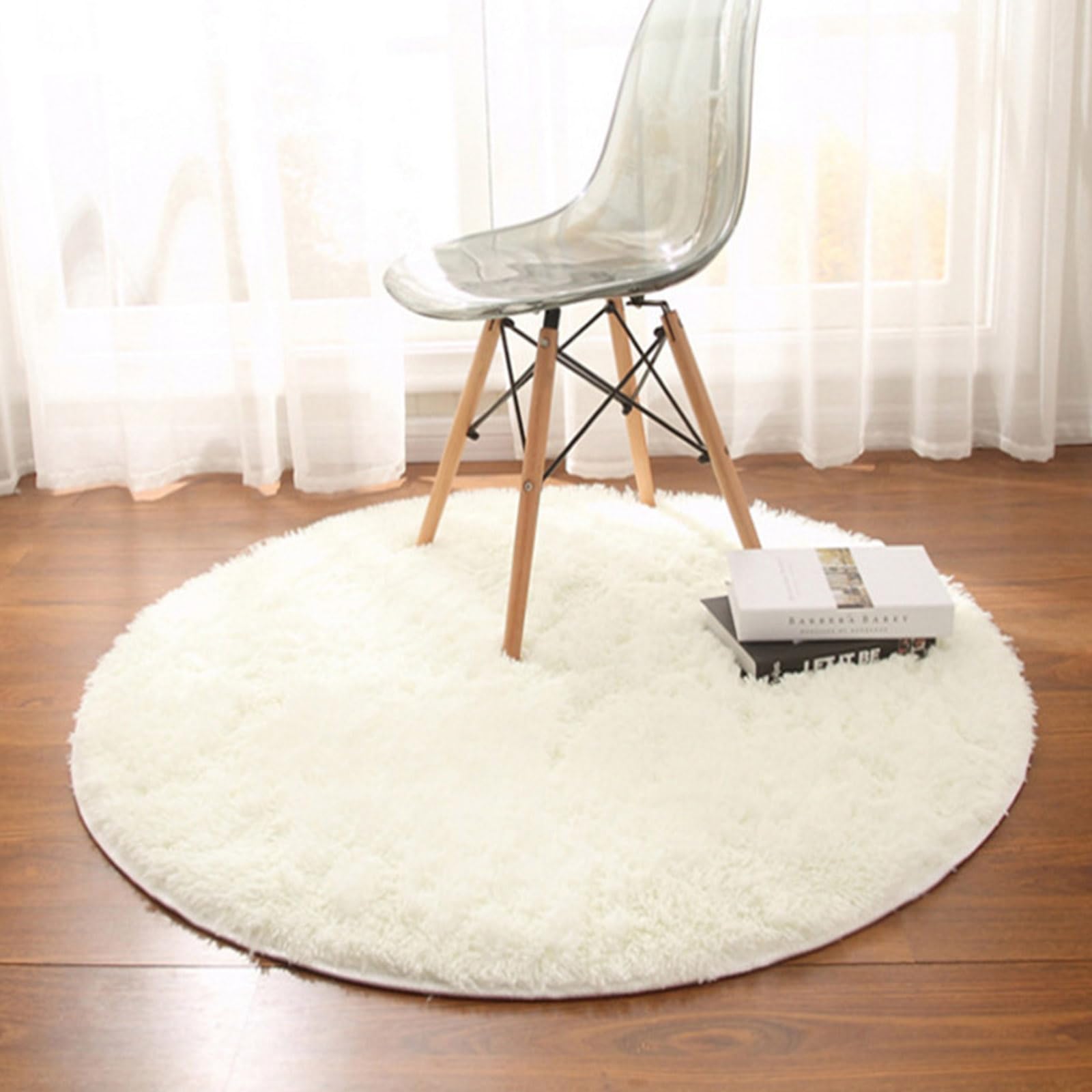 HARESLE Round Rugs for Bedrooms Fluffy Living Room Circle Area Rug Soft Shaggy Carpet for Kids Room Floor Mat (Ivory,Diam 120cm/47.2in/3.93ft)